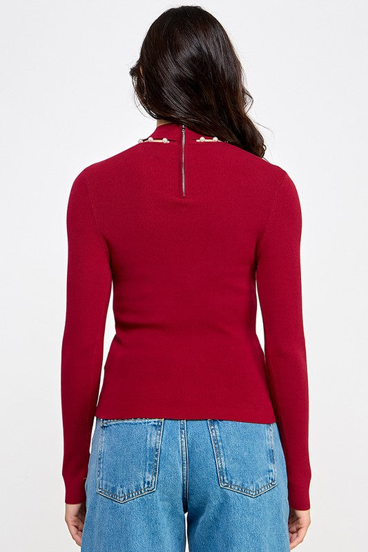 Pearl mock long sleeve sweater top