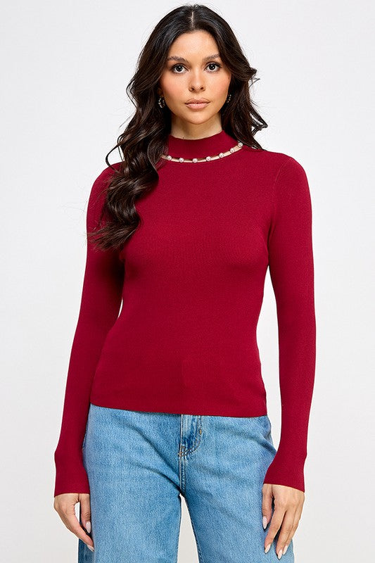 Pearl mock long sleeve sweater top